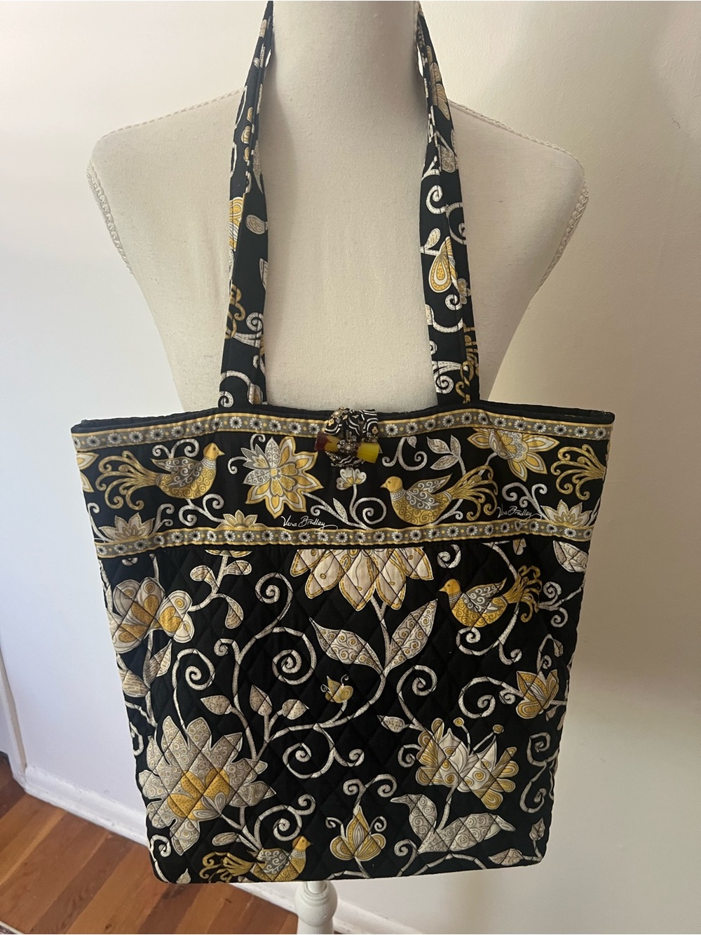 Vera Bradley Black/Yellow/Cream Quilted Floral Bird design Tote Bag, 13.5x13.5”